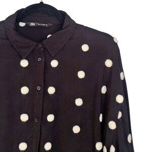 Zara Textured Black & White Polka Dot Cropped Blouse - Size XL